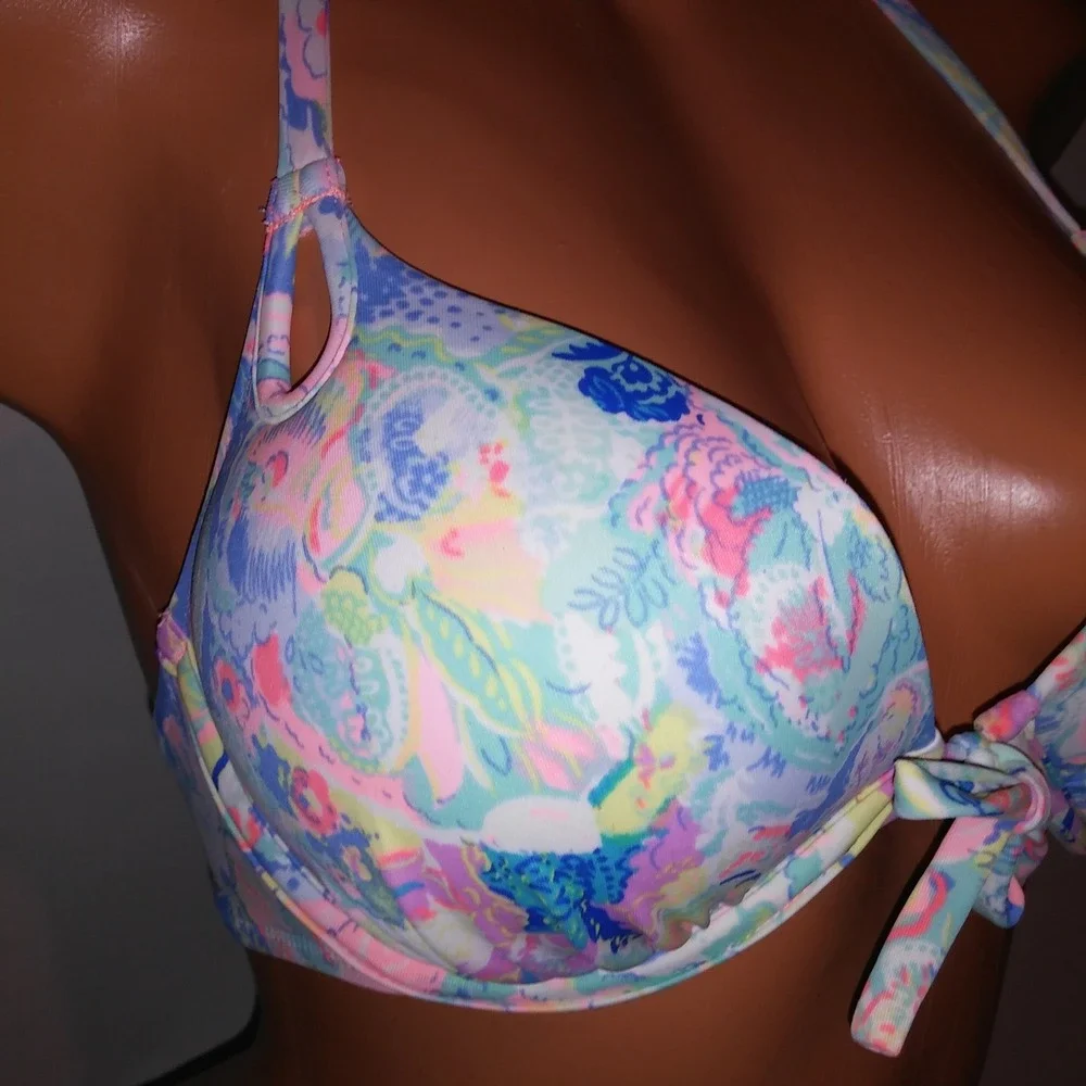 Victoria Secret Swim Bikini 32C Top Medium Bottom Push Up Blue Paisley Halter